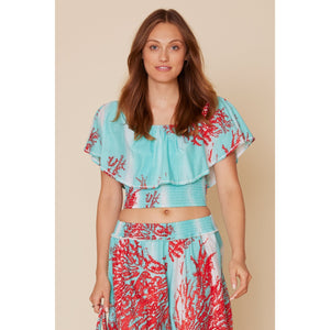 Camelia Smocked Ruffle Crop Top in Ombre Coral