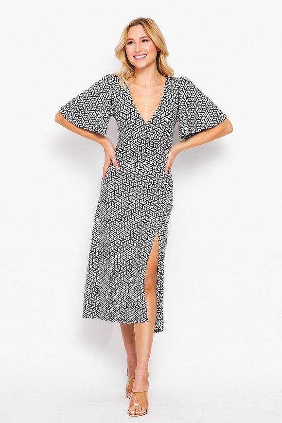 Flutter Sleeve wrap Dress - Black Print