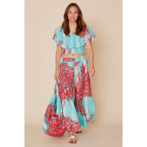 Carissa Printed Smocked Palazzo Pant in Ombre Coral Stripe