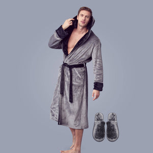 Mens Soft Plush Robe - Hooded Men Fleece Spa Bathrobe