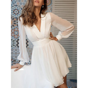 Deep V-neck Lantern Sleeve A-line Dress -White