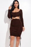 Solid Long Sleeve Ruched Short Dress With O Ring - Chocolate