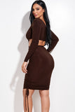 Solid Long Sleeve Ruched Short Dress With O Ring - Chocolate