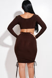 Solid Long Sleeve Ruched Short Dress With O Ring - Chocolate