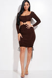 Solid Long Sleeve Ruched Short Dress With O Ring - Chocolate