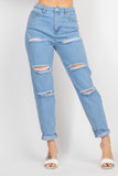 Rolled Hem Ripped Denim Jeans - Light Denim