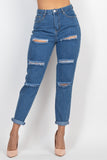 Rolled Hem Ripped Denim Jeans - Medium Denim