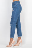 Rolled Hem Ripped Denim Jeans - Medium Denim