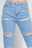 Rolled Hem Ripped Denim Jeans - Light Denim