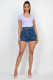 Acid Wash Belted Paper bag Denim Shorts - Medium Denim