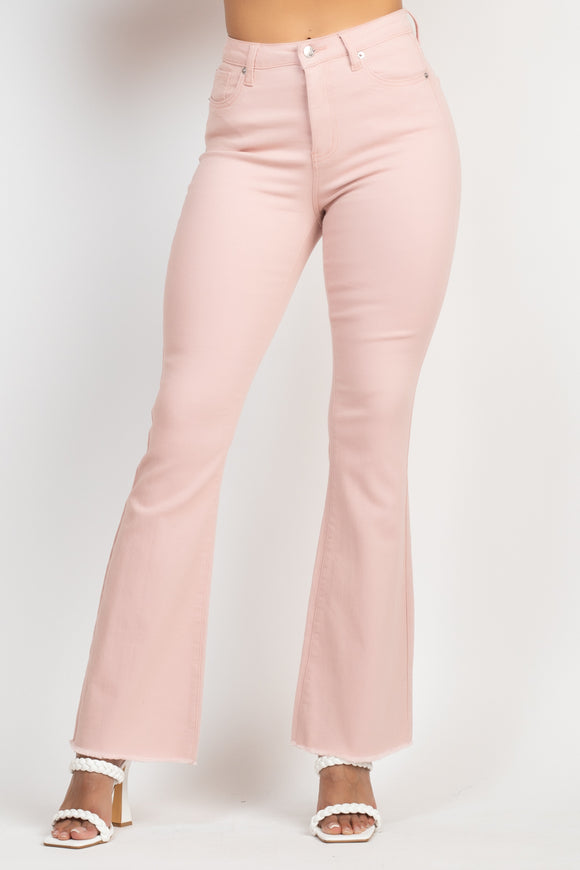 Frayed Bell Bottom Colored Denim Jeans - Blush