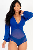 Mesh Long Sleeve Deep V-neck Bodysuit