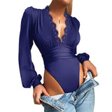 Solid Color Deep V Neck Lace Bodysuit