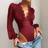 Solid Color Deep V Neck Lace Bodysuit