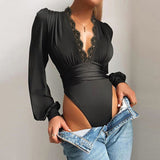 Solid Color Deep V Neck Lace Bodysuit