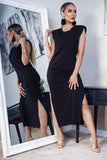 Black Shoulder Pad Side Slit Maxi Dress