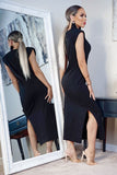 Black Shoulder Pad Side Slit Maxi Dress