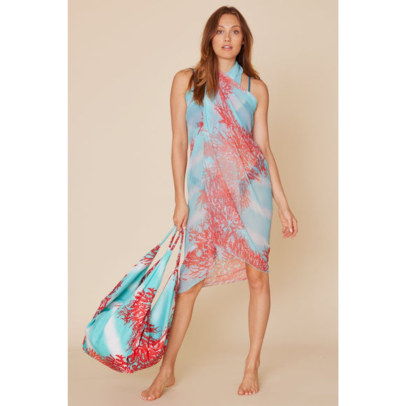 Domenica Printed Pareo Scarf Sarong in Ombre Coral Stripe